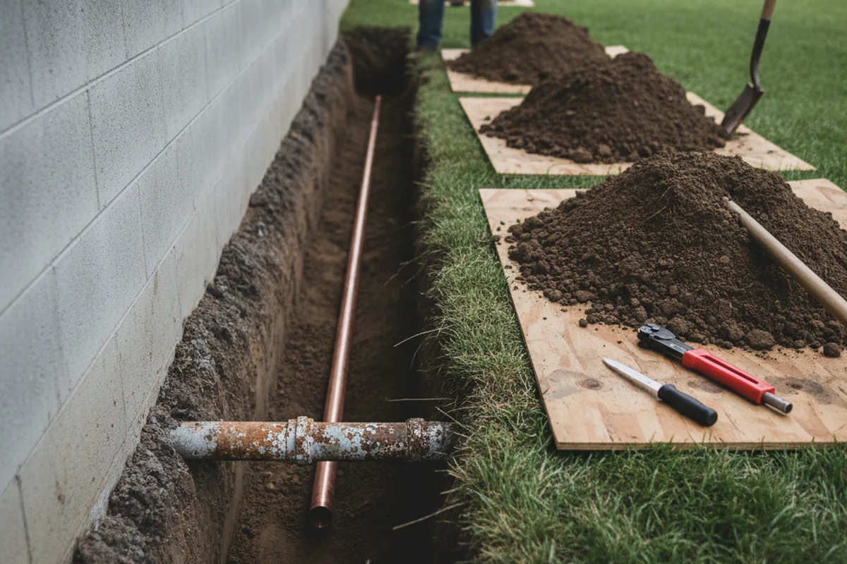 Excavated water line trench during Water Softener Installation in Kershaw